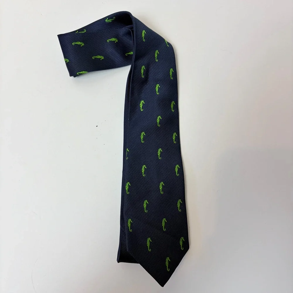 J. Crew Navy and Green Seahorse The Silk Tie‎ 100% Silk Tie
